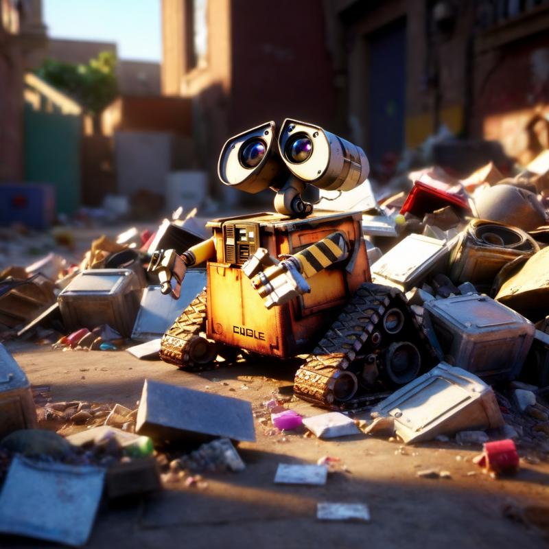 26014-2230904273-(((absurdres))), (((megamech))), (realistic 3D CGI render of Wall-E from Pixar movie), ((pixar quality)), futuristic junk yard,.png